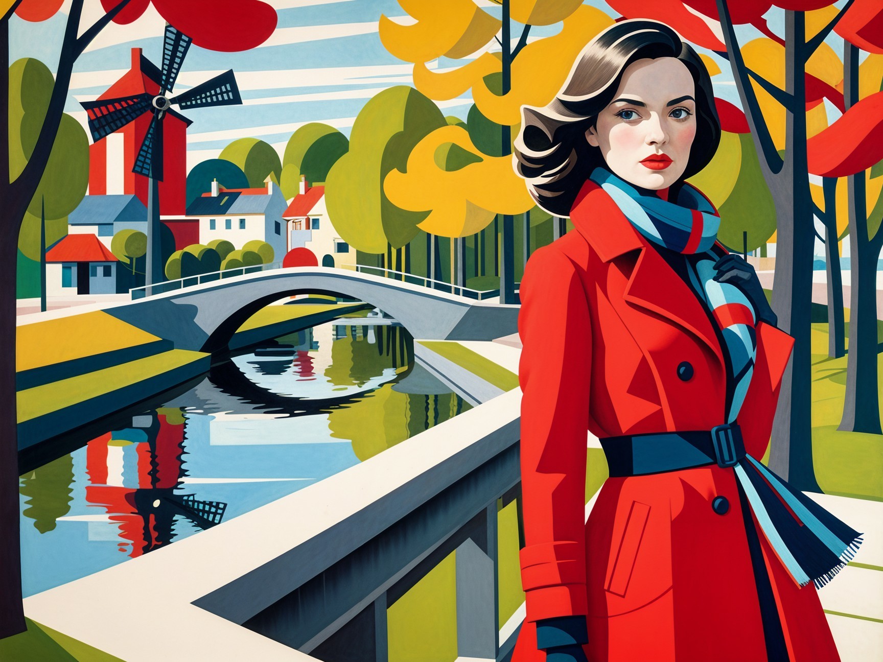 Woman in Red Coat by Scenic Canal with Autumn Colors
