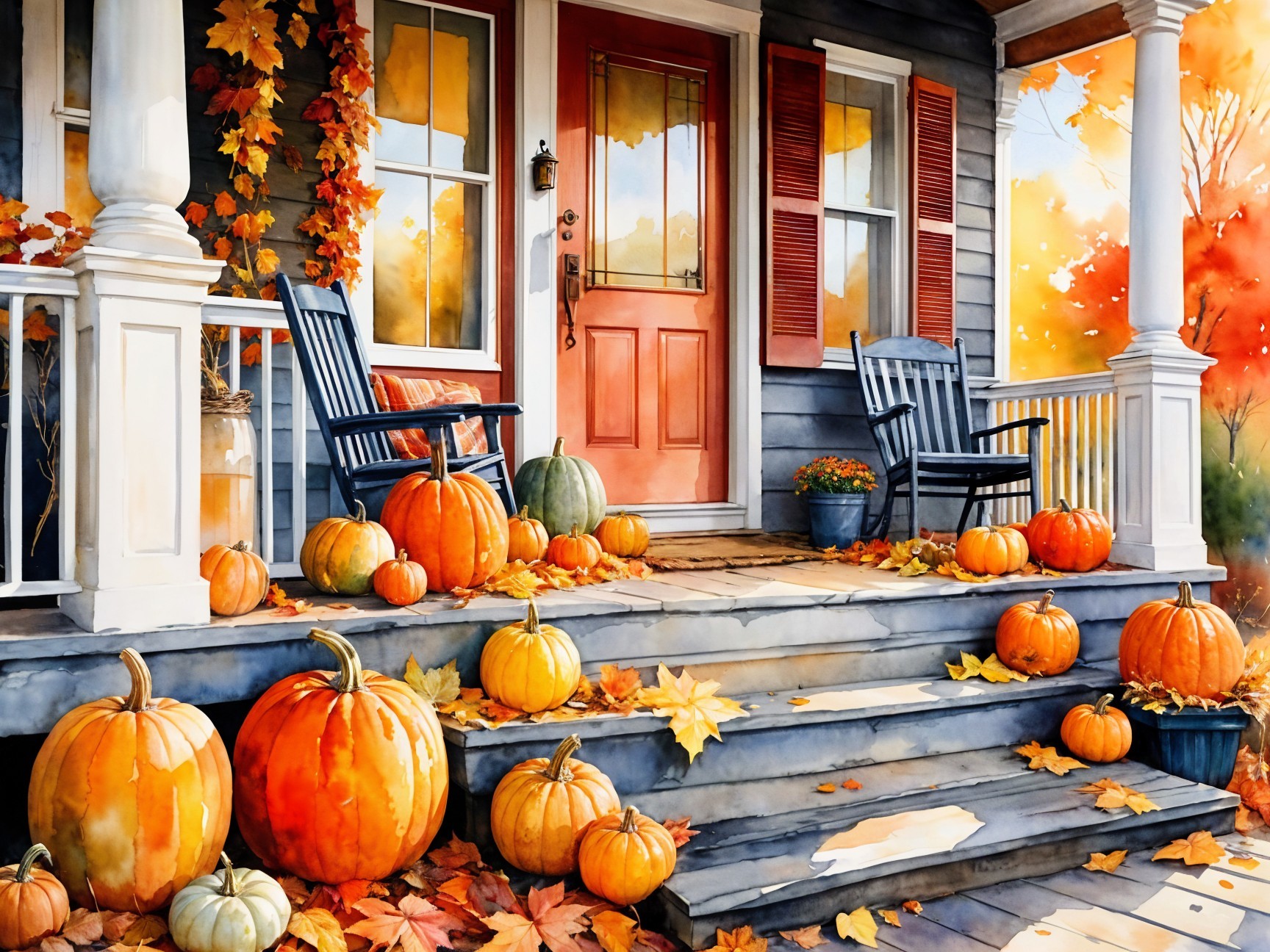 Cozy Autumn Porch with Pumpkins and Fall Leaves