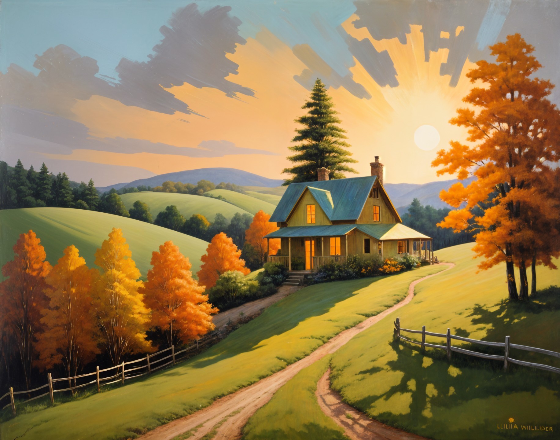 Cottage on Hillside Surrounded by Autumn Trees