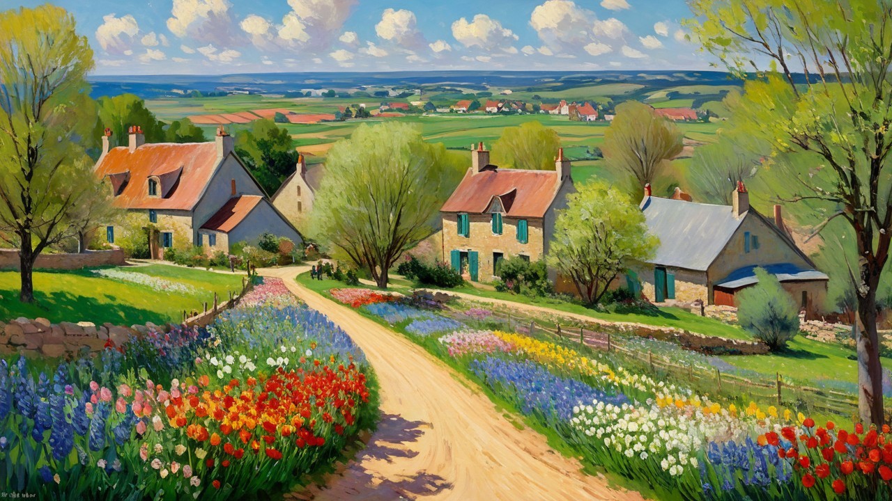 Vibrant Countryside Scene with Flowers and Rustic Houses