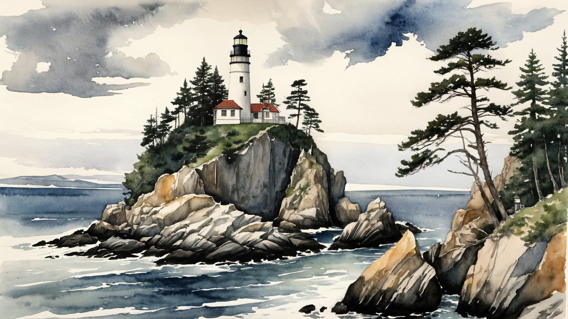 Coastal Landscape with Lighthouse and Dramatic Clouds