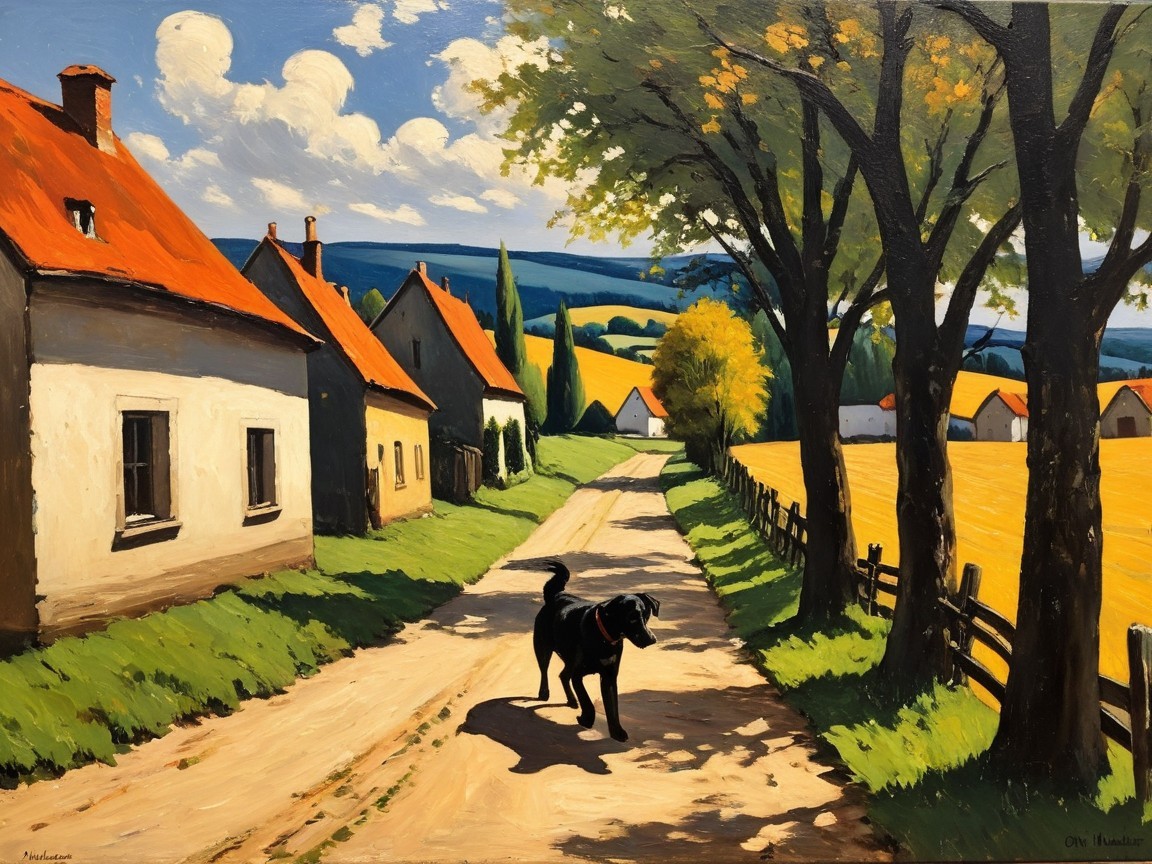 Serene Countryside Scene with Cottages and Dog