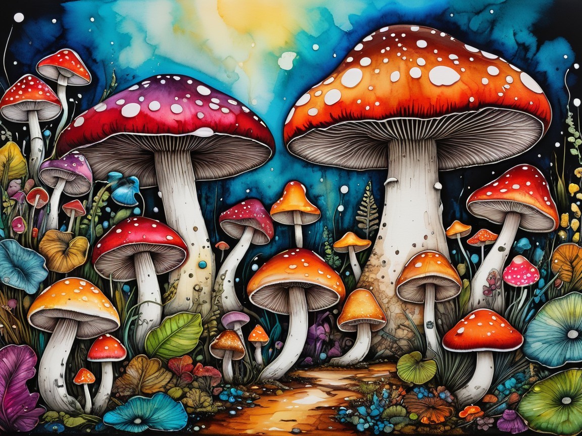 Colorful Mushroom Landscape with Lush Green Foliage