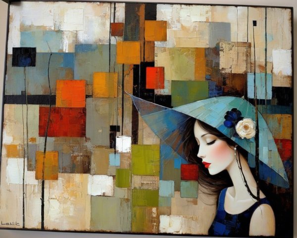 Abstract Oil Painting of Woman in Blue Hat and Mosaic Background