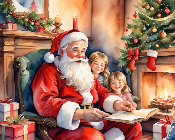 Santa Claus Reading to Children in Festive Room