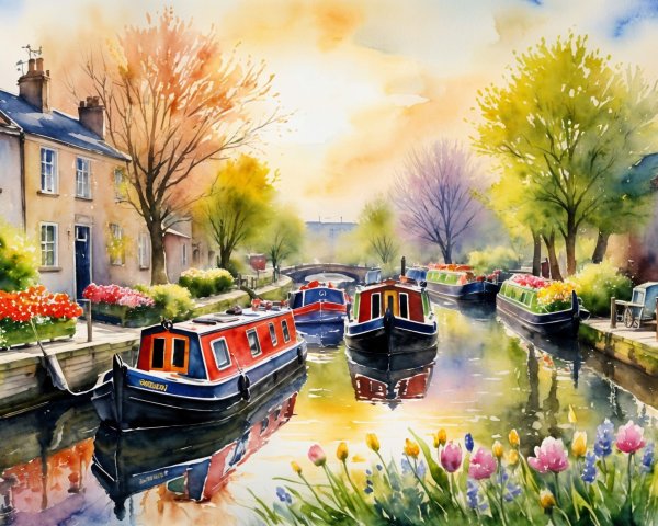 Vibrant Watercolor of a Serene Canal Scene