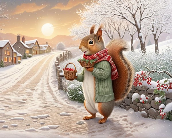 Squirrel in Sweater on Snowy Path with Berries