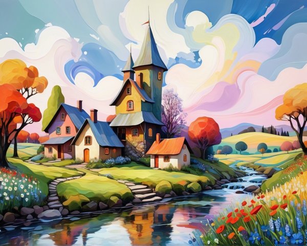 Whimsical Landscape with Fairy-Tale Castle and Stream