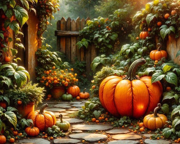 Charming Garden Pathway with Pumpkins and Vines