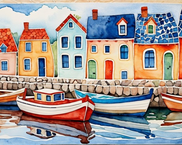 Vibrant Watercolor of a Charming Harbor Scene