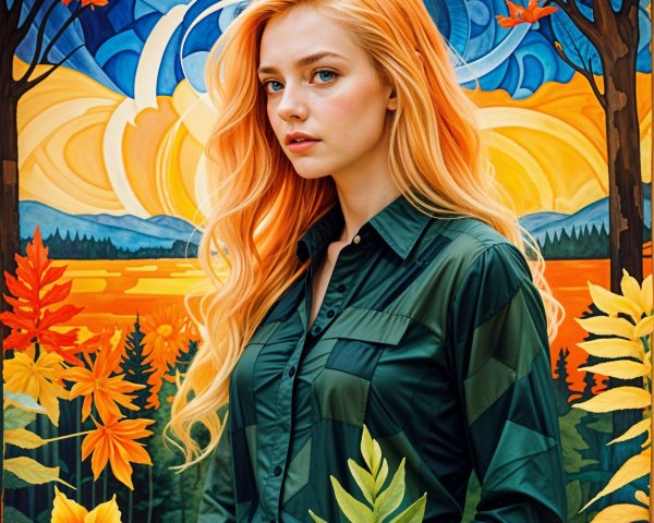 Young woman with orange hair in autumn landscape