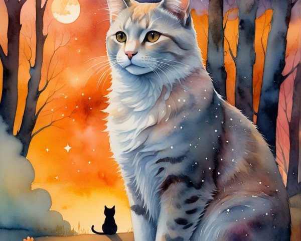 Fluffy Cat in Twilight Forest with Starry Sky
