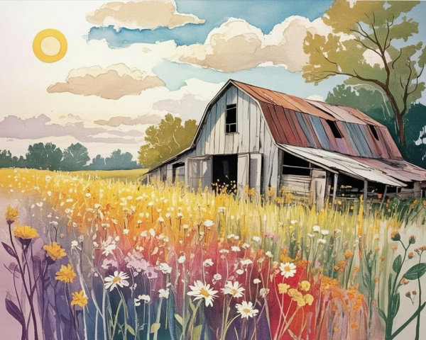 Rustic barn amidst vibrant wildflower field and trees
