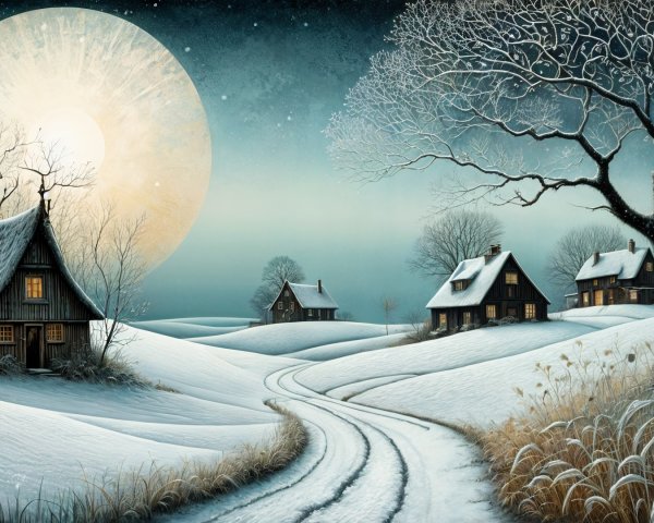 Serene Winter Landscape with Snowy Hills and Cottages