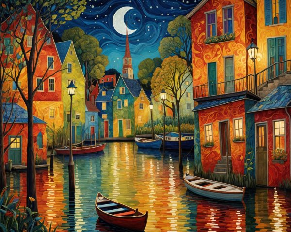 Colorful Houses Reflected in Serene Night Water