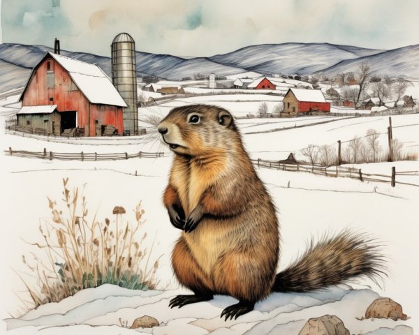 Groundhog in Snowy Rural Landscape with Barn and Hills