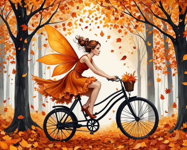 Fairy on Bicycle in Autumn Forest Scene