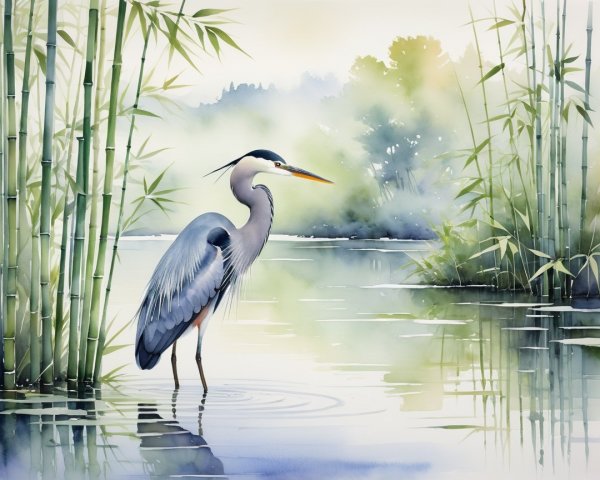 Heron in Tranquil Bamboo Landscape with Reflections