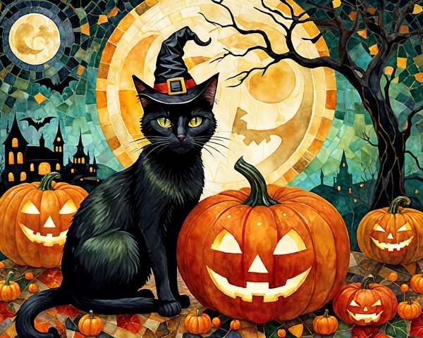 Whimsical Halloween Scene with Black Cat and Pumpkins