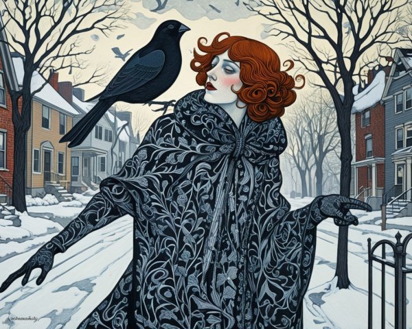 Woman in Black Cloak with Raven in Snowy Landscape