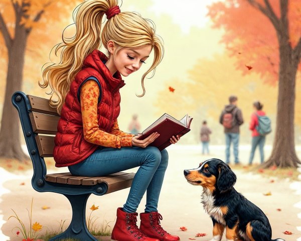 Young girl reading on park bench with puppy nearby