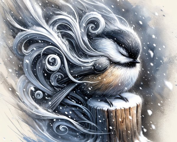 Bird on Snowy Stump in Winter Landscape with Winds