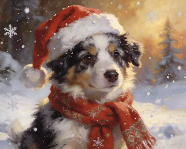 Australian Shepherd Puppy in Santa Hat in Snowy Forest