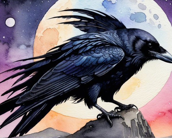 Black Raven on Rocky Perch Under Full Moon Glow