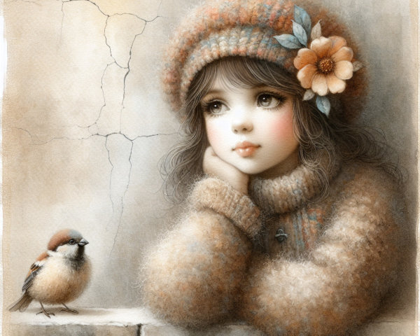 Young girl in sweater with sparrow by cracked wall