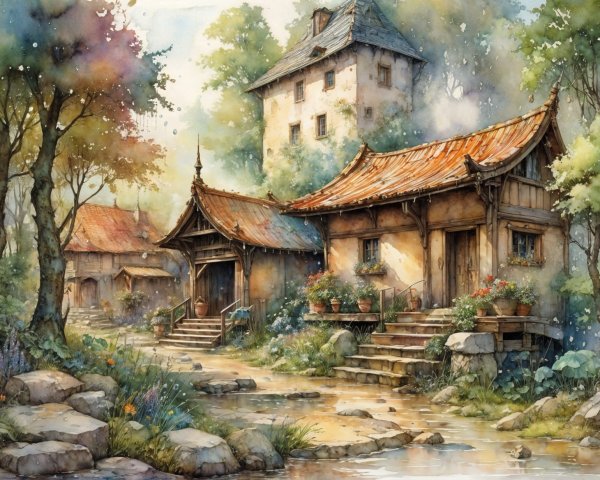 Watercolor Village Scene with Rustic Cottages and Stream