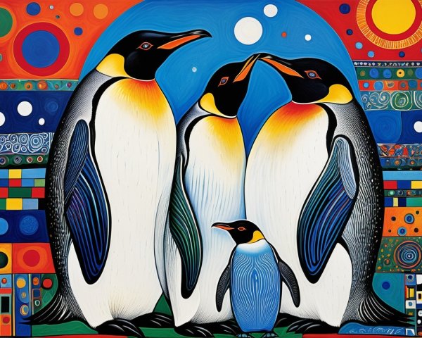 Stylized Penguins on Colorful Abstract Background