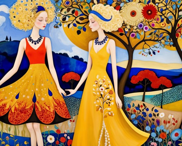 Elegant Women in Colorful Dresses in Whimsical Landscape