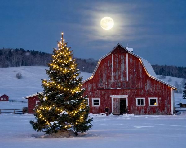 Red Barn and Christmas Tree on Snowy Farm at Night