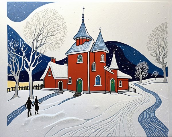 Naive painting of a red church and snowy landscape