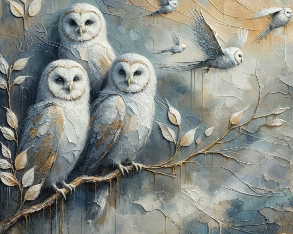 Three Owls on a Branch Surrounded by Foliage