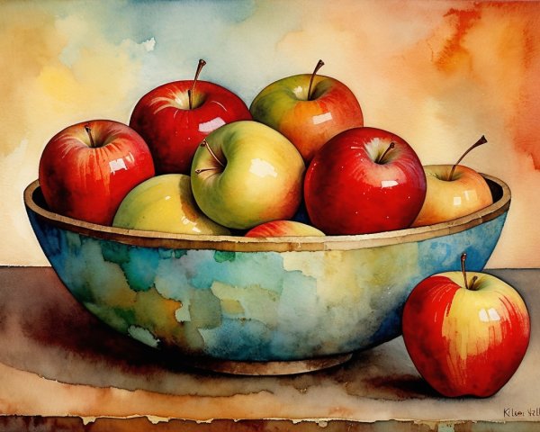 Still-Life Painting of Apples in a Colorful Bowl