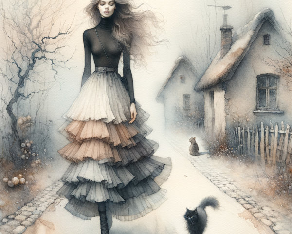 Whimsical Misty Village with Flowing Dress and Cat