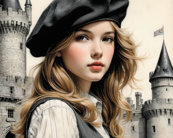 Young woman in stylish outfit with castle backdrop