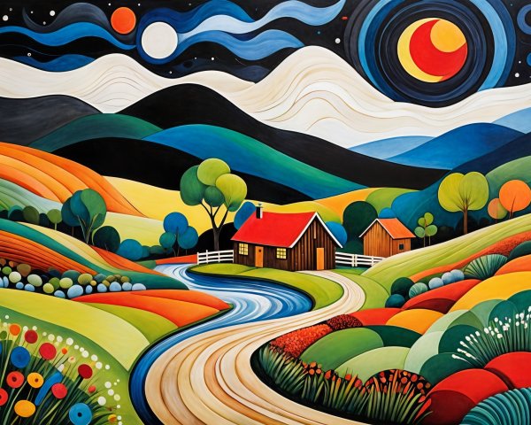 Vibrant Landscape with Rolling Hills and Cozy Houses
