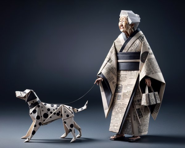 Origami Scene of Woman and Polka-Dotted Dog in Kimono