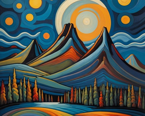 Vibrant Landscape with Mountains and Glowing Moon