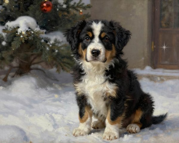 Bernese Mountain Dog Puppy in Snowy Landscape