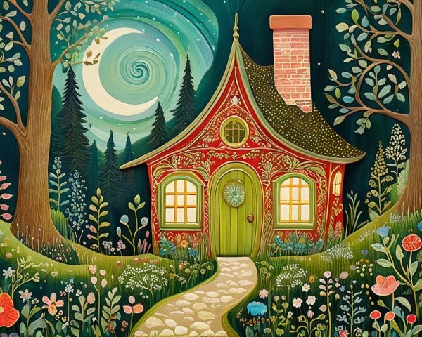 Whimsical Cottage in a Vibrant Forest Setting