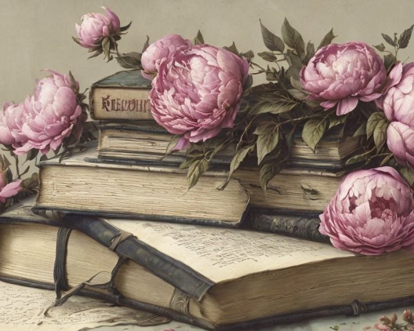 Weathered Books and Pink Peonies Arrangement