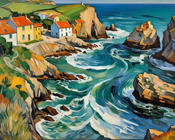 Vibrant Coastal Scene with Red-Roofed Houses and Cliffs