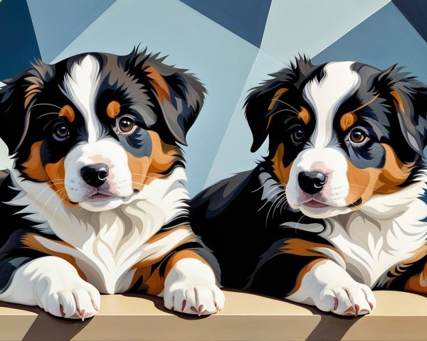 Bernese Mountain Dog Puppies Resting with Geometric Background