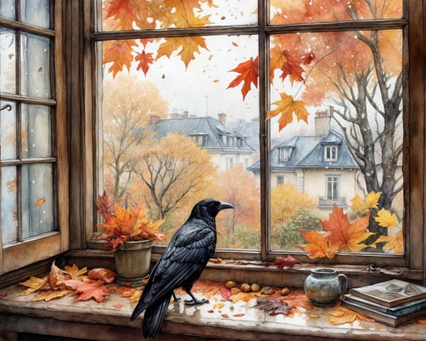 Autumn Scene with Leaves and Crow by Window