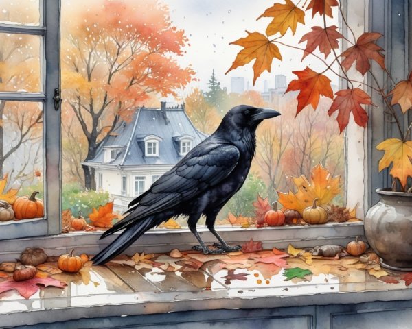Raven on Windowsill with Autumn Leaves and Pumpkins
