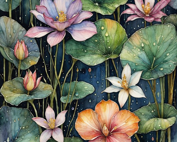 Vibrant Watercolor Painting of Lotus Flowers and Lily Pads