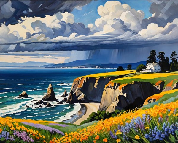 Coastal Landscape with Cliffs and Wildflowers